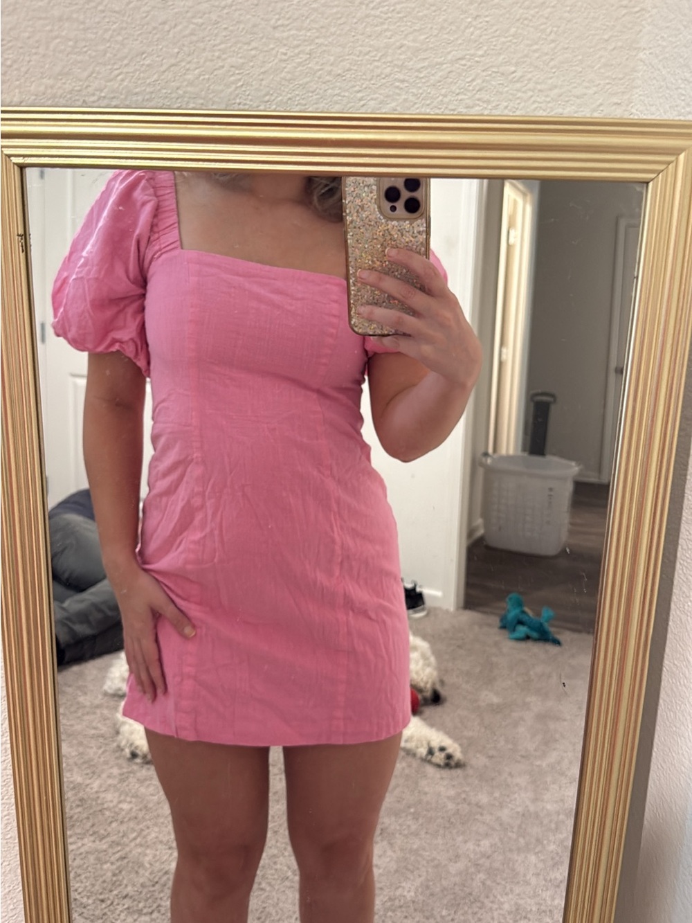 Square Neck Pink Mini Dress with Puff Sleeve